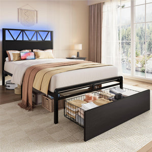 Twin XL Storage Bed Frame with LED Lights & Charging Station