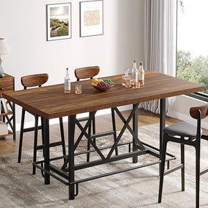 63-Inch Industrial Counter Height Bar Table with Metal Footrest