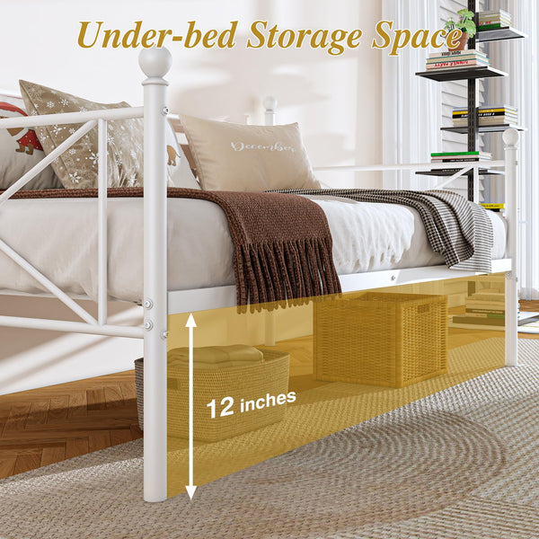 VECELO Daybed Twin Size, Day Bed Frame with Headboard, Heavy-Duty Metal Slats Support Platform for Living Room, Guest Room, Easy Assembly, White
