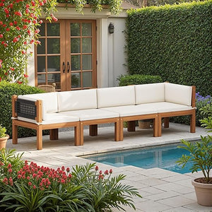Acacia Wood Outdoor Sectional Sofa Set with Coffee Table