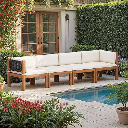 Acacia Wood Outdoor Sectional Sofa Set with Coffee Table