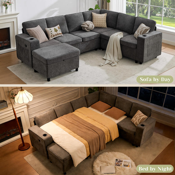 107" U-Shaped Sectional Sleeper Sofa with Pull-Out Bed