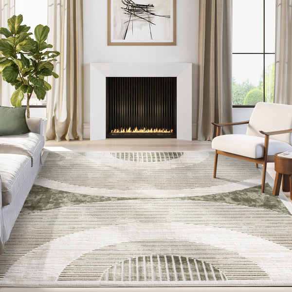 Mid-Century Green Arch Washable Area Rug