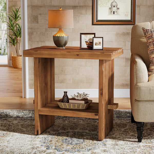 2-Tier Solid Wood End Table with Open Shelves