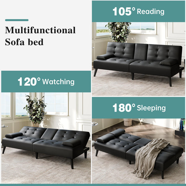 64" Futon Sofa Bed Convertible Loveseat with Cup Holders & Adjustable Angles – PU Leather Black