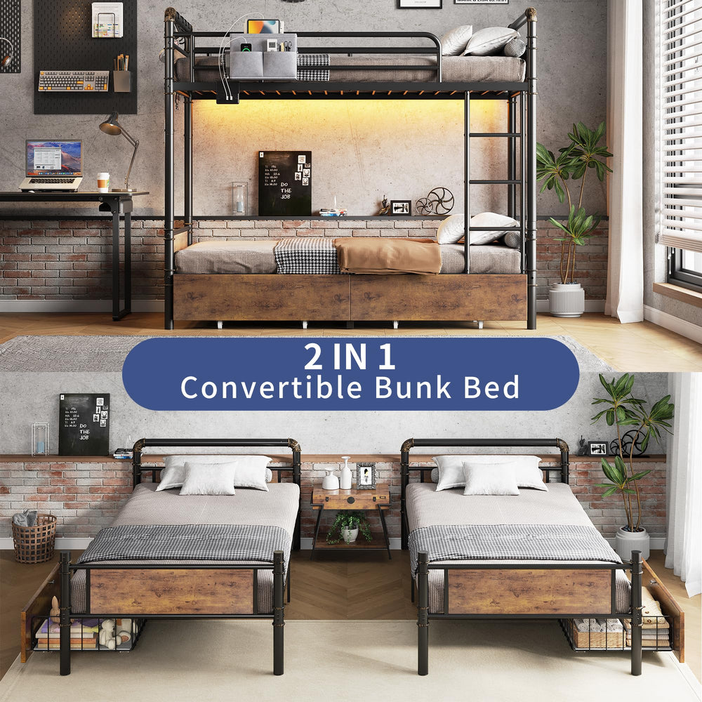 Twin Over Twin Metal Bunk Bed with LED Lights, Storage Drawers & USB Charging
