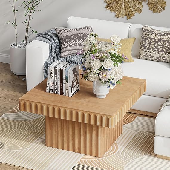 Farmhouse Square Wood Block Coffee Table with Distressed Finish