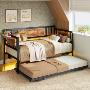 Metal Daybed with Trundle, LED Lights & Charging Station – Twin, 700 lbs