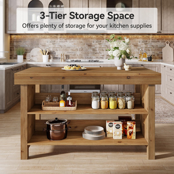 Solid Wood Kitchen Island with 3-Tier Open Shelves, 55 Inch Counter Height