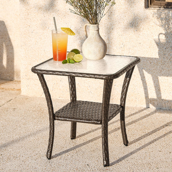 2-Tier Outdoor Wicker Side Table with Tempered Glass Top
