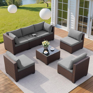 7-Piece Outdoor PE Rattan Sectional Sofa Set with Cushions & Glass Coffee Table