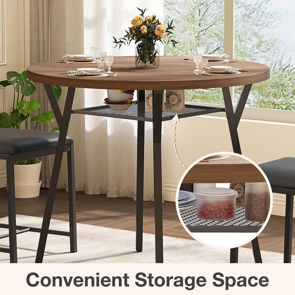 Round Dining Table Set for 4 with Upholstered Chairs – Walnut