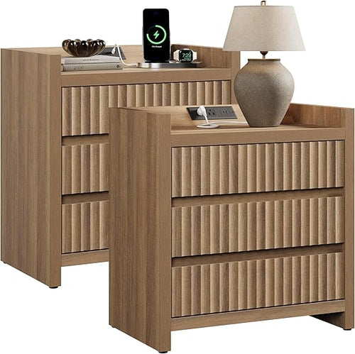 3-Drawer Nightstand Set of 2 with Charging Station