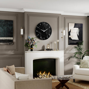 Large Round Wall Clock – Black Marble Glass, Silent Quartz, 23.62"