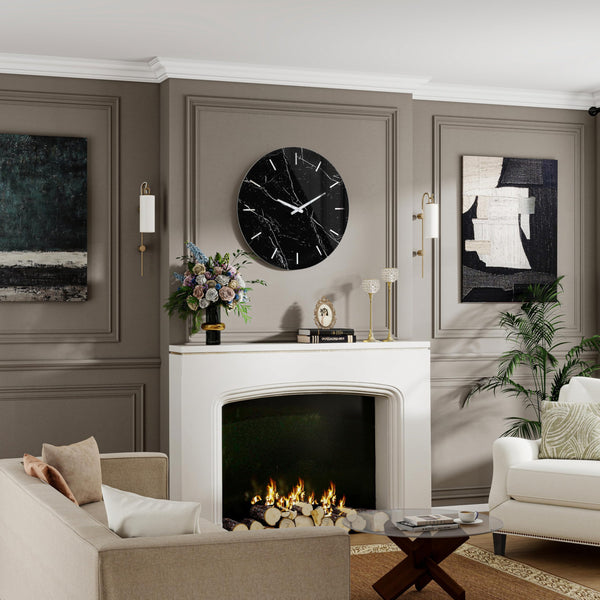 Large Round Wall Clock – Black Marble Glass, Silent Quartz, 23.62"