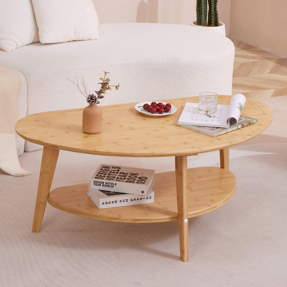 Oval Bamboo Coffee Table with Lower Storage Shelf