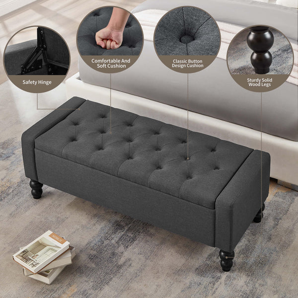 50-Inch Upholstered Storage Ottoman Bench with Safety Hinge – 660 lb Capacity