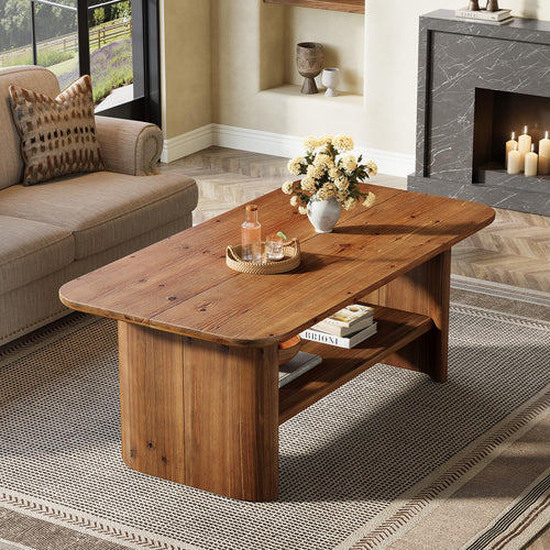 Solid Wood Coffee Table with 2-Tier Storage