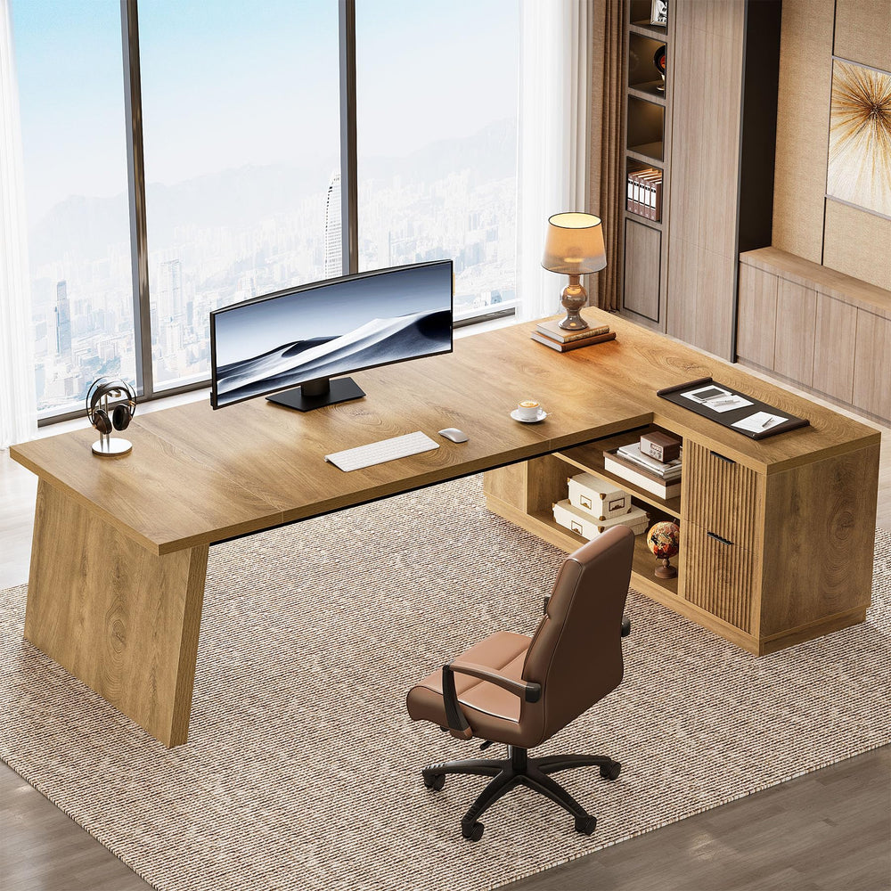78" L Shaped Desk with Drawers, File Cabinet & Shelves