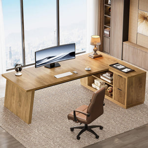 78" L Shaped Desk with Drawers, File Cabinet & Shelves