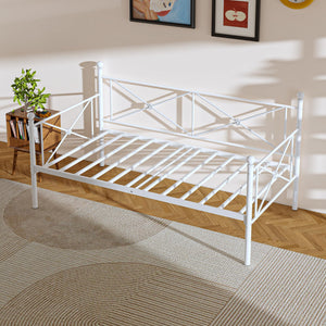 VECELO Daybed Twin Size, Day Bed Frame with Headboard, Heavy-Duty Metal Slats Support Platform for Living Room, Guest Room, Easy Assembly, White