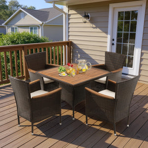 Rattan Patio Dining Set with Acacia Wood Tabletop
