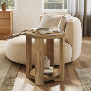 2-Tier Round Side End Table with Storage Shelves