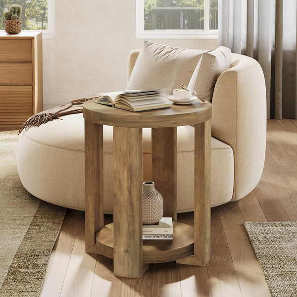 2-Tier Round Side End Table with Storage Shelves