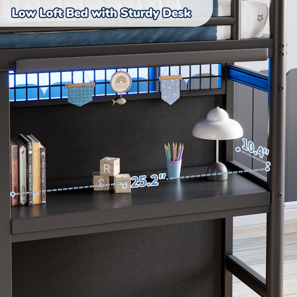 Twin Low Loft Bed with 7 Storage Drawers, Desk & LED Lights