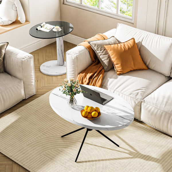 Oval Coffee Table Set of 2 - Faux Marble & Tempered Glass Top