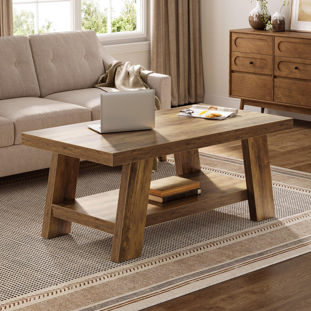 2-Tier Rectangular Coffee Table with Storage Shelf