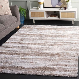 Shag Area Rug – Taupe & Ivory Geometric, Low-Shedding Plush Pile