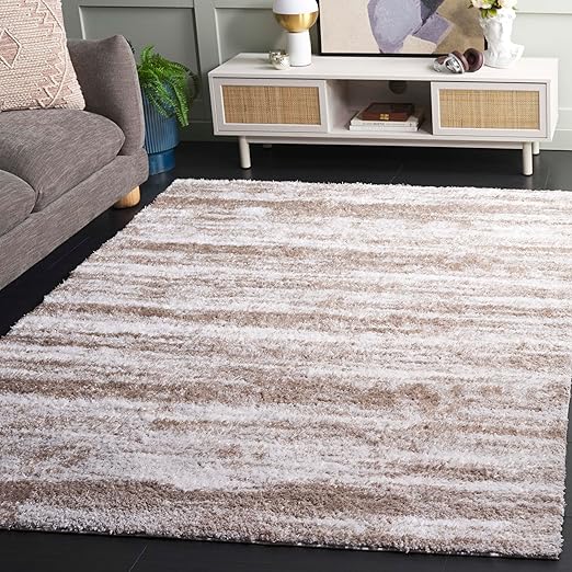 Shag Area Rug – Taupe & Ivory Geometric, Low-Shedding Plush Pile