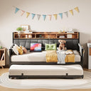 Twin Daybed with Trundle, Upholstered Storage Headboard & Charging Station