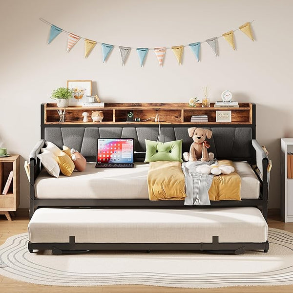 Twin Daybed with Trundle, Upholstered Storage Headboard & Charging Station