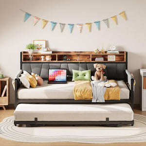 Twin Daybed with Trundle, Storage Headboard & Charging Station