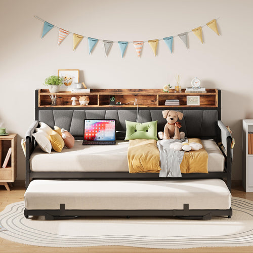 Twin Daybed with Trundle, Storage Headboard & Charging Station