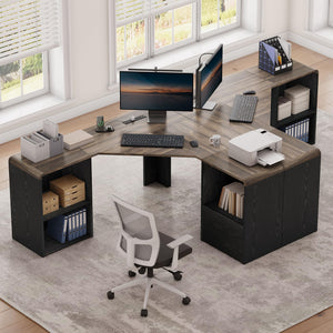 59-Inch L-Shaped Desk with Power Outlets & File Drawer