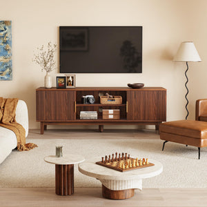PRAISUN 54 Inch TV Stand for 55, 60 Inch TV, Fluted Entertainment Center with 2 Cabinets, TV Consoles for Living Room, 3-Level Adjustable Shelf, 4 Cable Holes, Meida Console, Walnut