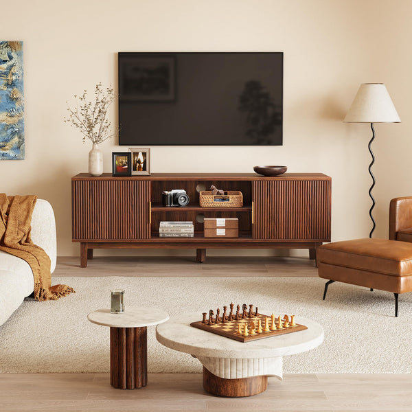 PRAISUN 54 Inch TV Stand for 55, 60 Inch TV, Fluted Entertainment Center with 2 Cabinets, TV Consoles for Living Room, 3-Level Adjustable Shelf, 4 Cable Holes, Meida Console, Walnut
