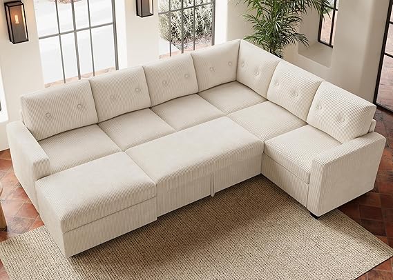 U-Shaped Sectional Sleeper Sofa with Storage Ottoman