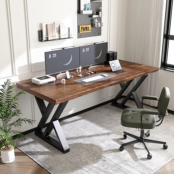 Z-Shape Solid Wood & Metal Computer Desk