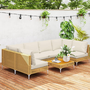 7-Piece Wicker Outdoor Sectional Patio Set with Cushions & Acacia Wood Table