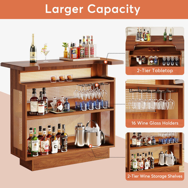 Farmhouse Rattan Bar Cabinet with Stemware Racks