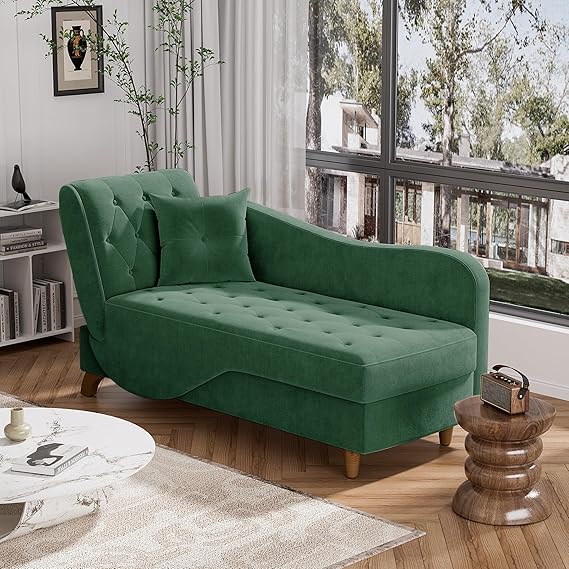 Velvet Chaise Lounge Chair with Storage & Adjustable Backrest