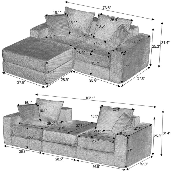 Modular Sectional Sofa with Ottoman – Convertible Cloud Couch