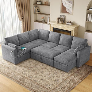 Modular Sectional Sleeper Sofa with Pull-Out Bed | 6-Seat U-Shaped Couch with Storage & USB Ports