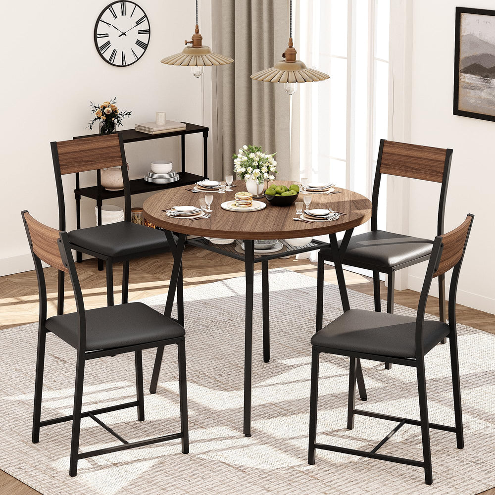 Round Dining Table Set for 4 with Upholstered Chairs – Walnut