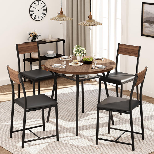 Round Dining Table Set for 4 with Upholstered Chairs – Walnut