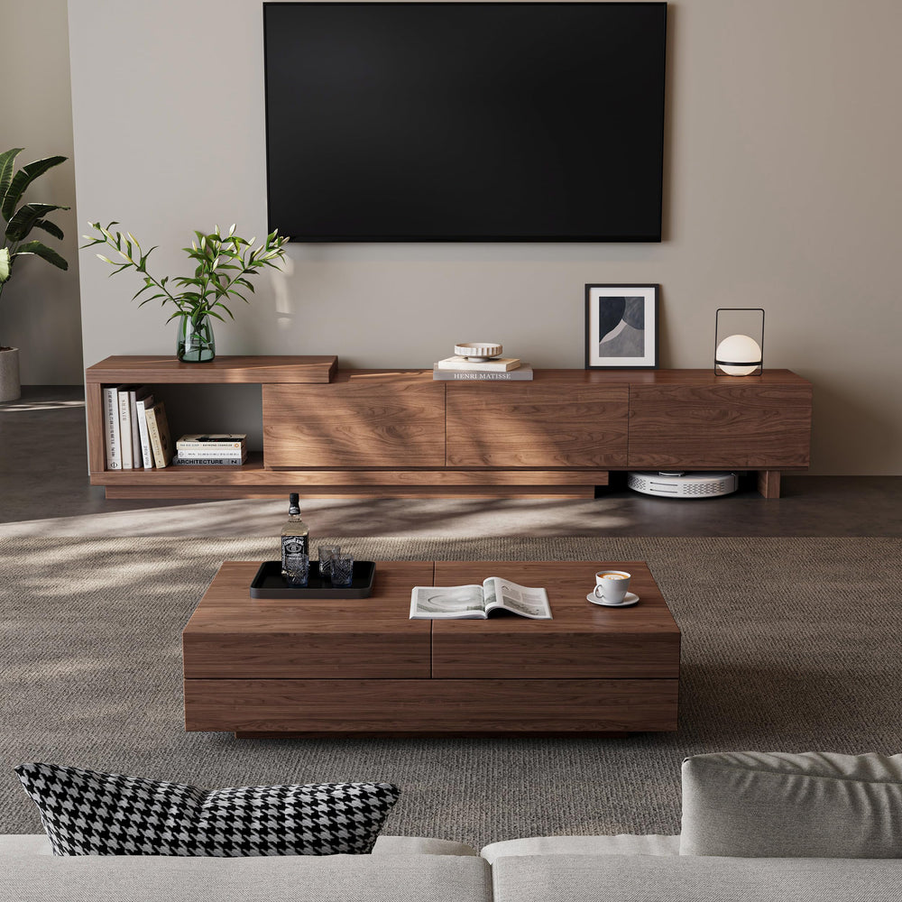 Extendable TV Stand for 65-100 Inch TVs – Walnut Entertainment Console with Drawers